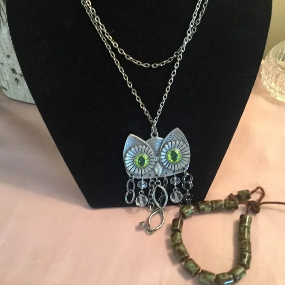 Pewter tone Owl Pendant and Bracelet